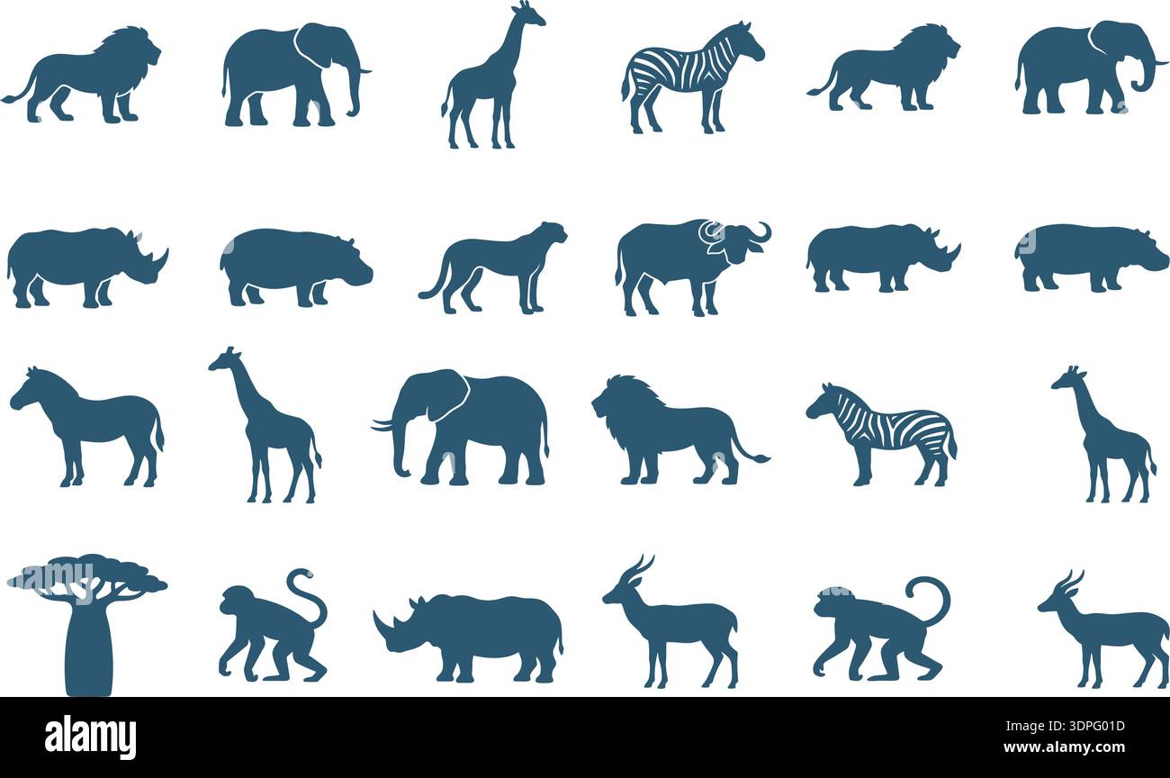 Schwarzer Vektor-Satz von Wild- und Nutztier-Silhouetten einschließlich Elefanten, Löwen, Hirsche, Pferd, Kuh, Hund, Katze, Bär, Tiger, Giraffe und Ziege Stock Vektor