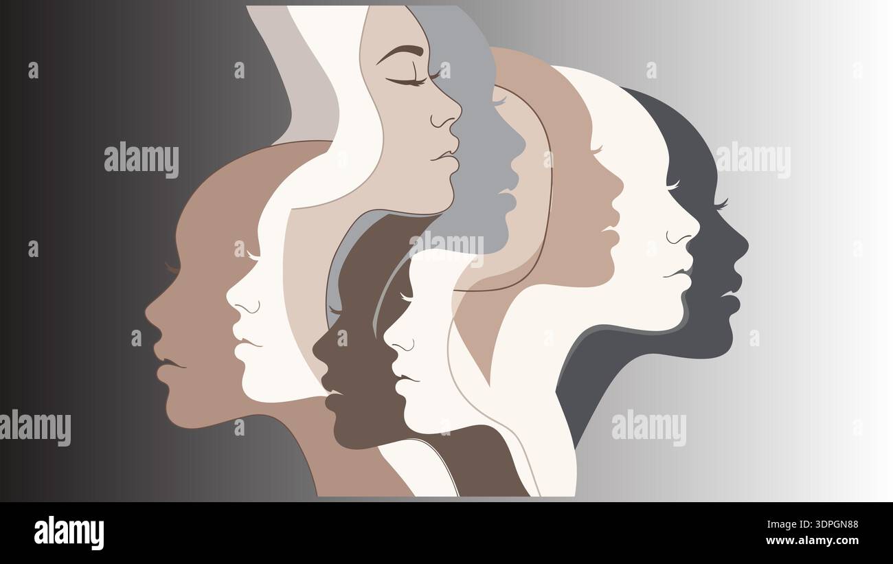 Verschiedene Frauenprofile überlappen sich im minimalistischen Vektor-Stil mit neutralen Erdtönen auf grauem Hintergrund Stock Vektor