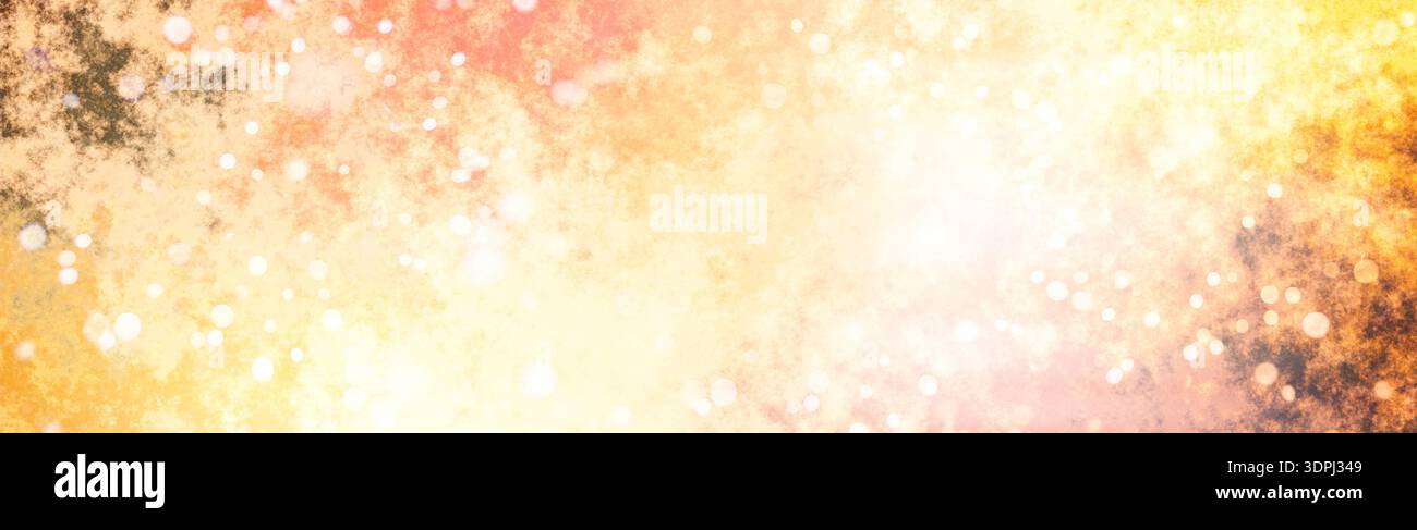 Abstrakter warmer leuchtender Bokeh-Hintergrund mit goldenen Lichtpartikeln, weiche Grunge-Textur in Orange Gelb- und Pfirsichtönen, festliche leuchtende Kulisse wi Stockfoto