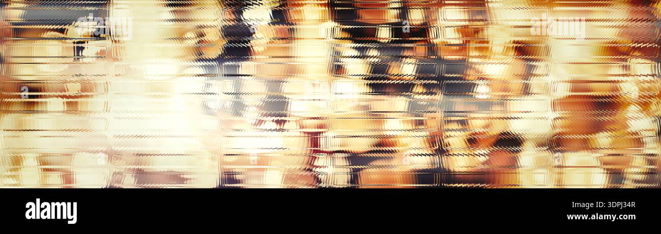 Abstrakter goldener Glasblock Texturhintergrund mit warmem brechendem Licht und verzerrtem Muster, durchscheinende Oberfläche passend für Luxusthemen, interi Stockfoto