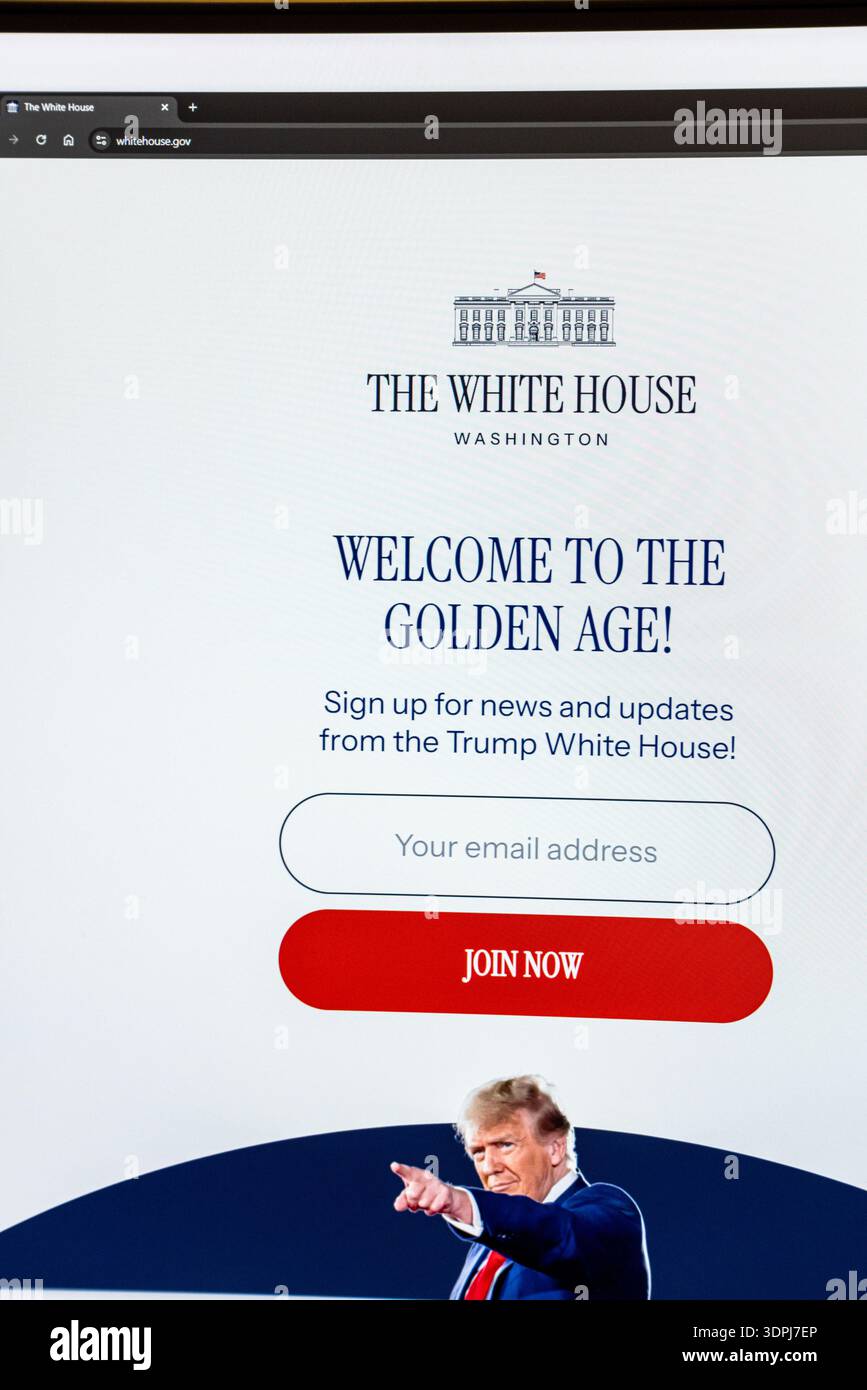 PC-Monitor mit whitehouse.gov Landingpage mit dem Logo des Weißen Hauses, E-Mail-Eingabefeld, roter Schaltfläche „jetzt beitreten“ und Donald Trump zeigt auf blauem Hintergrund in Balykchy, Kirgisistan – 13. Februar 2026 Stockfoto