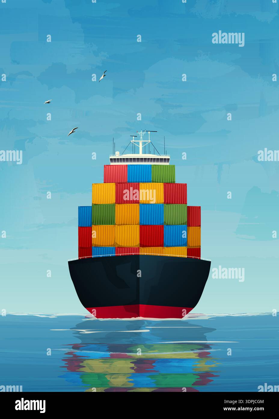 Vorderansicht eines Fracht-, Containerschiffs auf offener See. Seascape-Komposition, Hintergrund-Vektor-Illustration. Stock Vektor