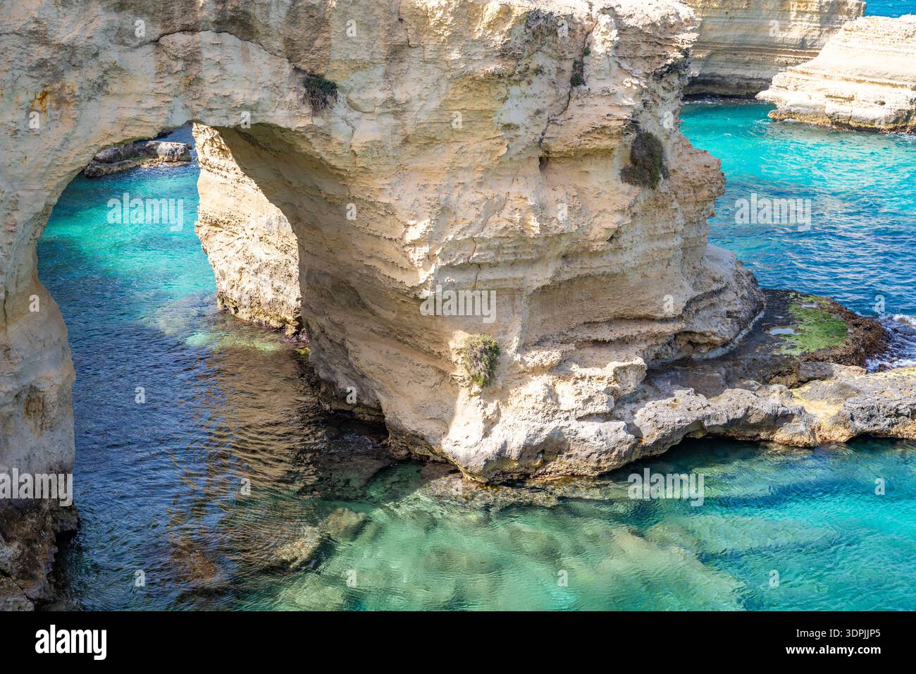 Torre Sant'Andrea, Melendugno, Italien. Natürliche Felsbögen, Arco degli Innamorati Stockfoto