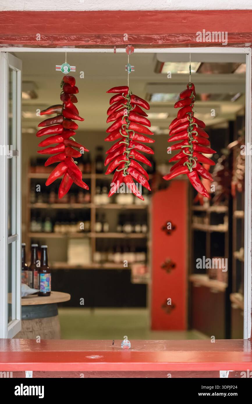 Nahaufnahme der roten Espelette-Chili-Paprika, die in Strings hängen Stockfoto