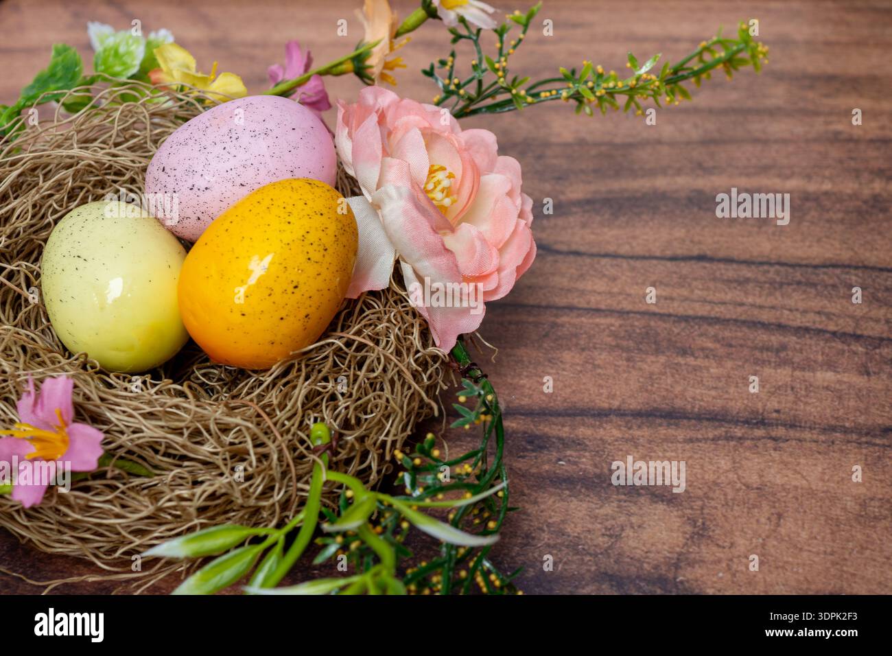 Dekorative Osterausstellung Mit Bunten Eiern Und Blühenden Blumen Stockfoto