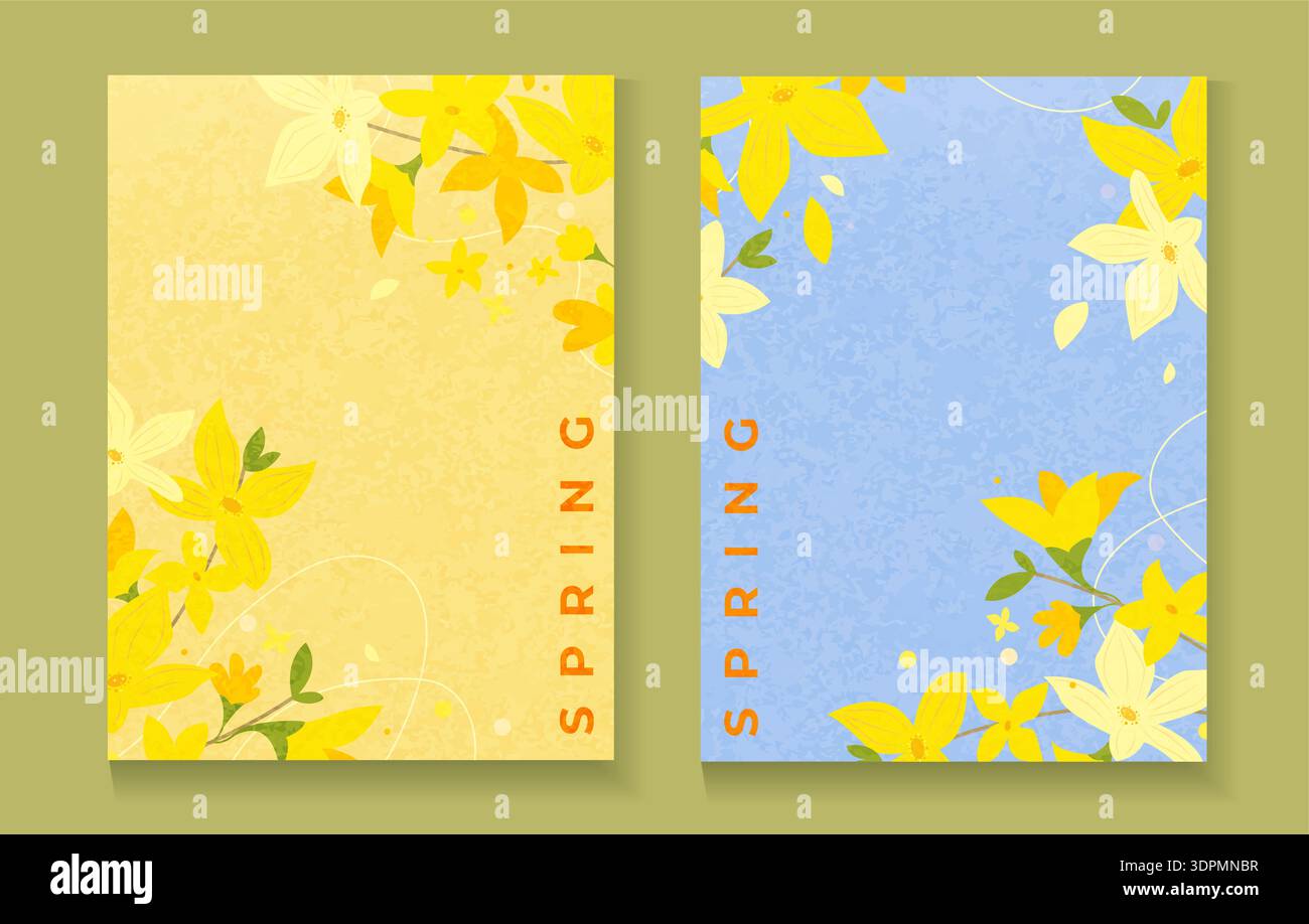 Set Frühlingsflieger mit süßen gelben hellen Forsythien. Strukturierte Frühlingsgrußkarten, Poster mit wunderschönen Blumen. Handgezeichnete Blumenelemente. Elegantes botanisches Design. Vektor-Illustration Stock Vektor
