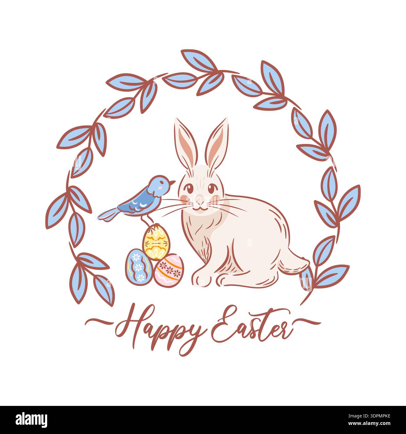 Vektor-Illustration eines Osterkranzes mit einem niedlichen Kaninchen, einem kleinen Vogel und bunten Eiern eingebettet in üppiges Grün und Frühlingsblumen. Sanft Stock Vektor