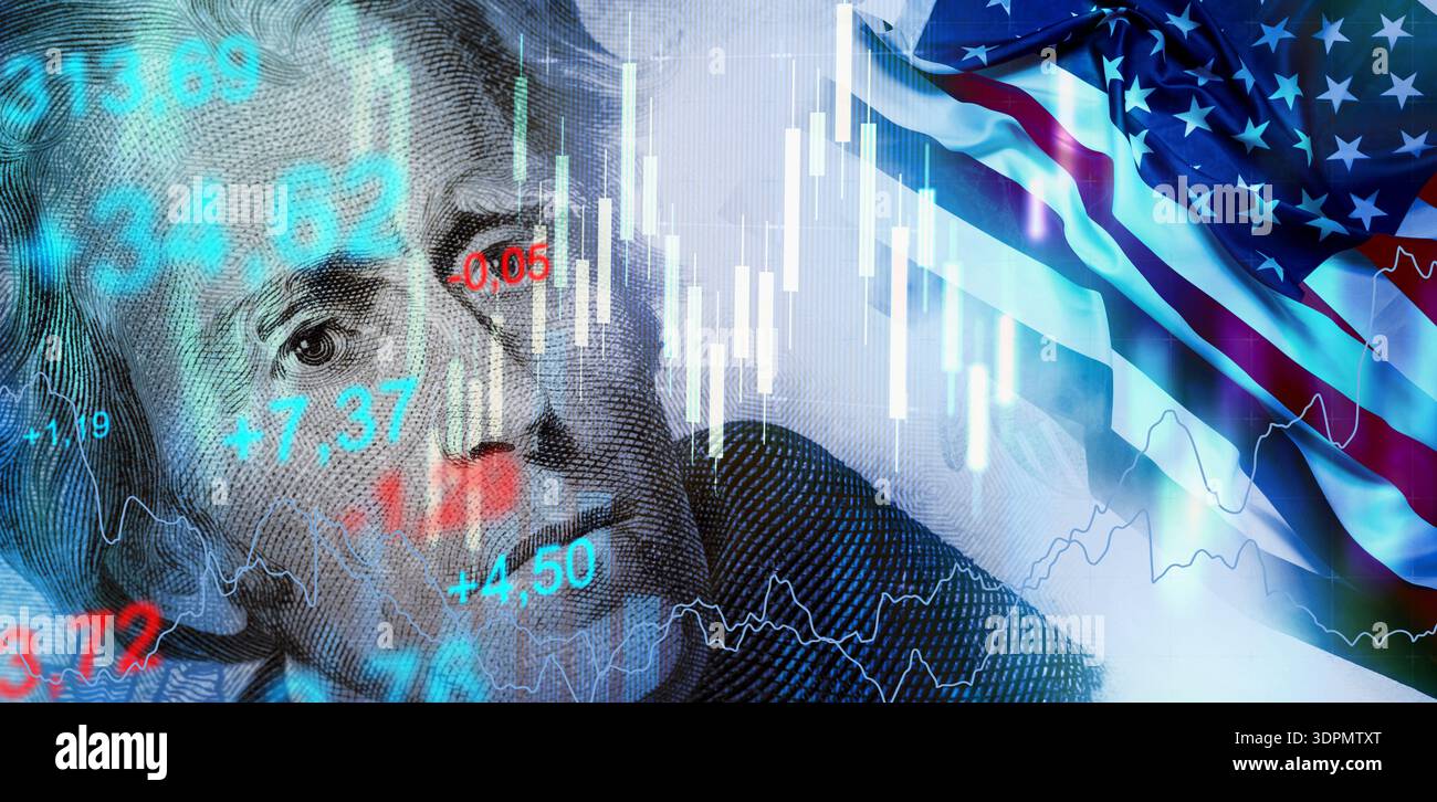 Finanzdaten überlagern ein Porträt einer historischen Figur und der amerikanischen Flagge Stockfoto