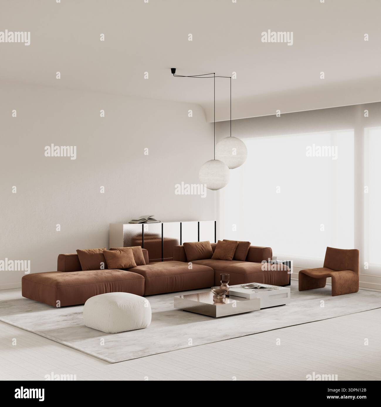 Raffinierte Innenarchitektur mit hochwertigen modularen Möbeln und einem dekorativen Marmortisch unter weichem Tageslicht in einer minimalistischen Wohnung Stockfoto