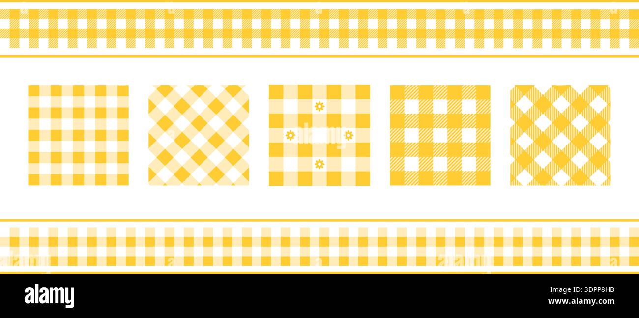 Set aus gelben Mustern und Rändern mit Gingham-Muster. Herbstmuster für Tischdecke, Picknickdecke, Korbserviette, Schal oder Taschentuch. Baumwolle, Leinen oder Flanell. Illustration der Vektorabwicklung. Stock Vektor