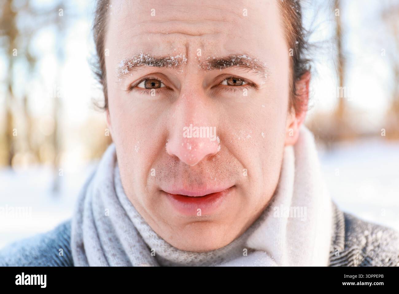 Nahporträt eines Mannes mit Frost an den Augenbrauen und roter Nase in einem Winterpark. Gefrorenes männliches Gesicht, das bei kaltem Wetter draußen in die Kamera schaut Stockfoto