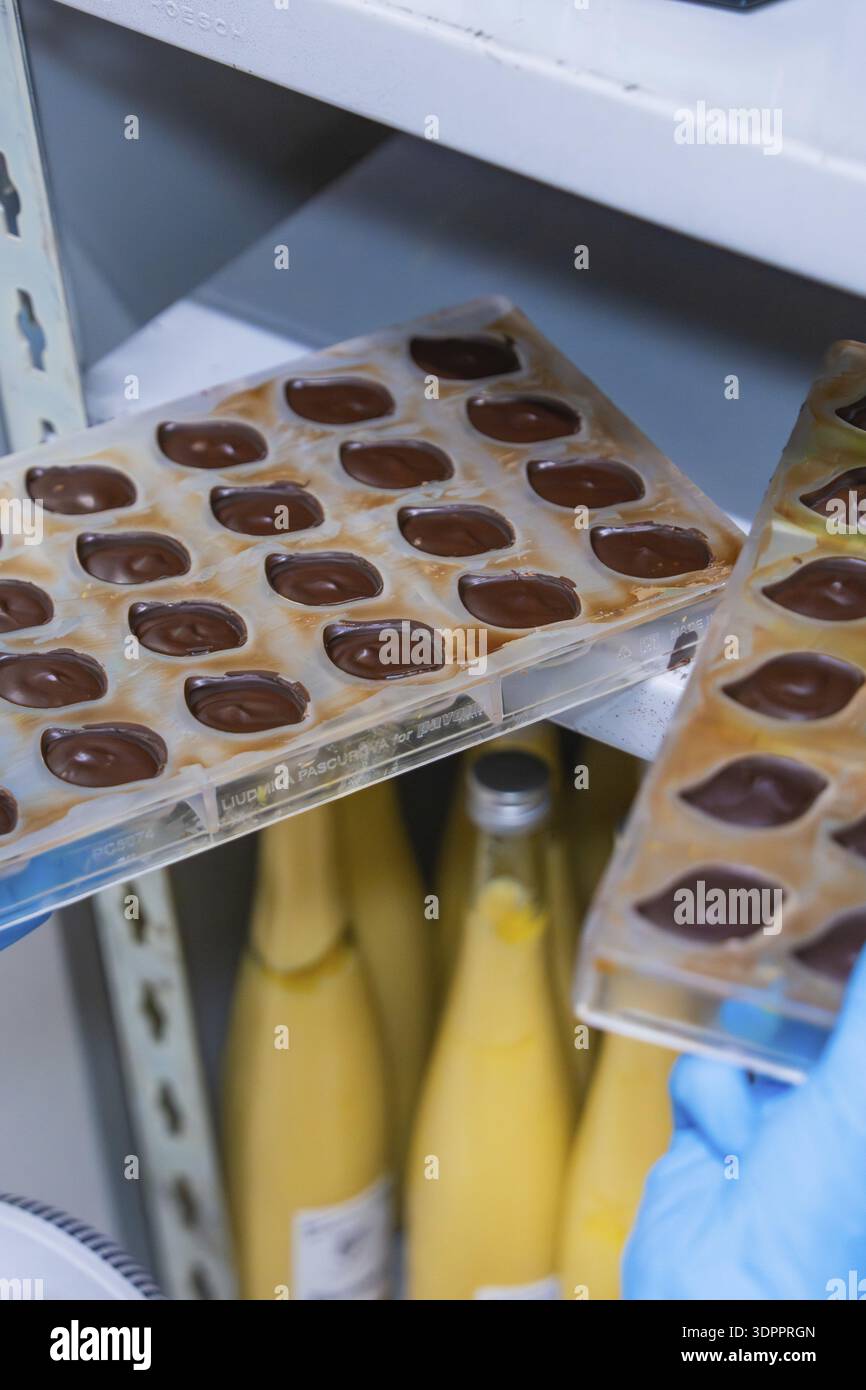 Eine Schokoladenform mit flüssiger Schokolade, dahinter gelbe Flaschen auf einem Regal, vegane Schokoladenherstellung, Haselstaller Hof, Gechingen, Deutschland Stockfoto