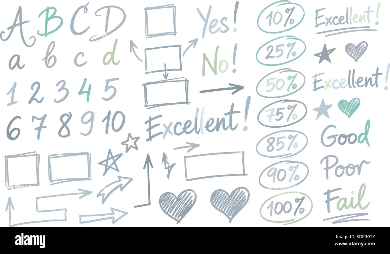 Handgezeichnetes Doodle-Set für Bildung und Feedback – bearbeitbare Elemente für Bewertung, Prozentsatz, Alphabet und Bewertungsvektor Stock Vektor