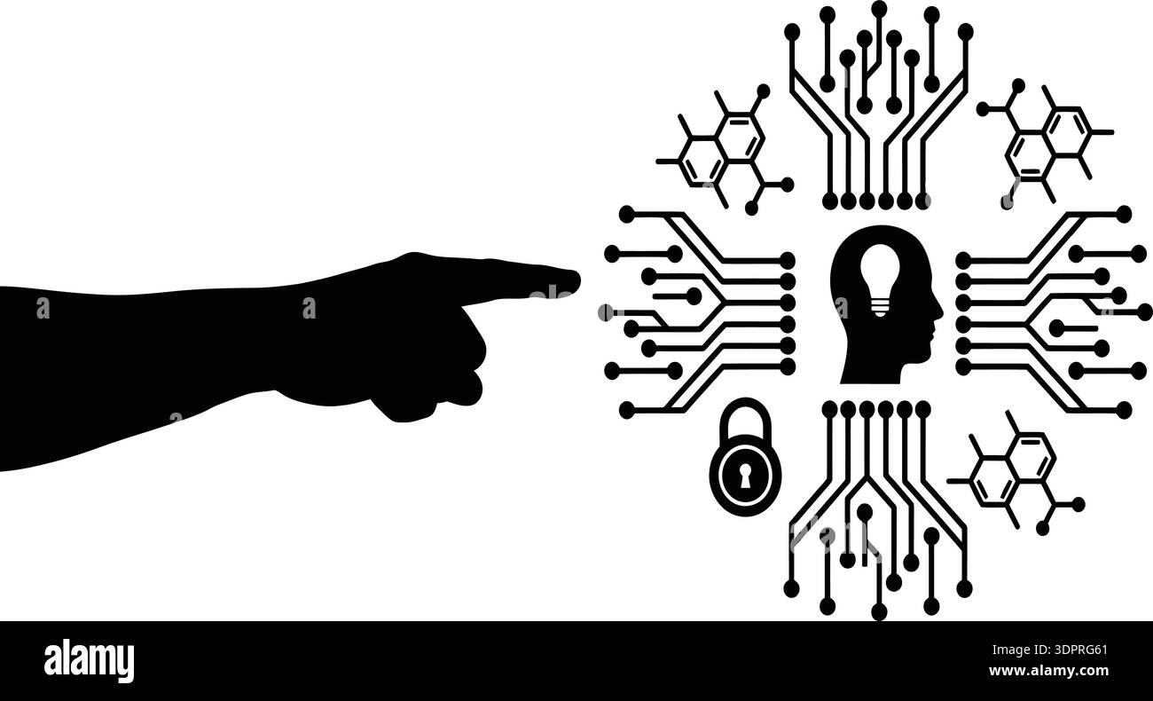 Illustration des Konzepts künstlicher Intelligenz und Cybersicherheit – menschliche Hand zeigt mit Circuit Network auf das digitale KI-Gehirn Stock Vektor