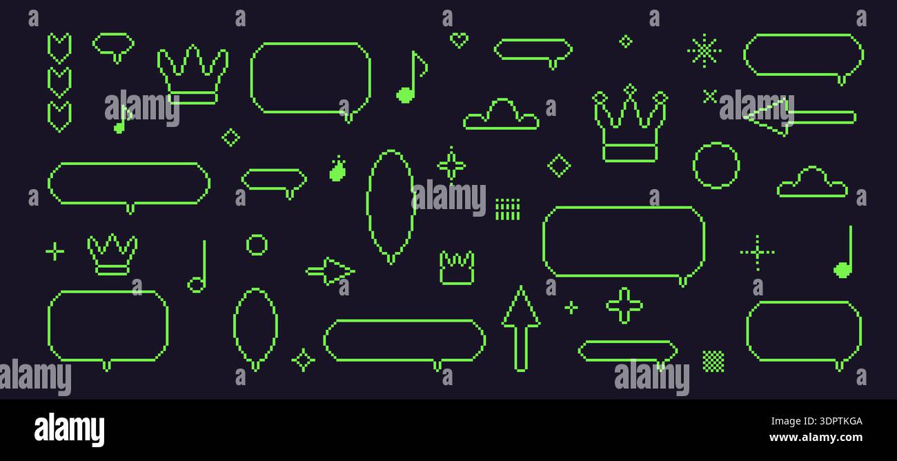 Pixeldialogfelder eingestellt. 8-Bit-Set mit grünen Sprechblasen im Retro-Look. Spielpixelart Chat-Textfelder mit Krone, Musiknotiz, Pfeilen. Vektor-Talk fra Stock Vektor