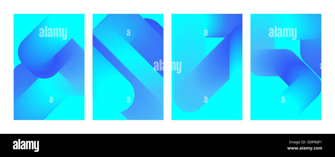 Abstraktes Cover-Set mit dynamisch geschwungenen Linien. Blaue Neon-Hintergrundkollektion mit Farbverlauf Stock Vektor