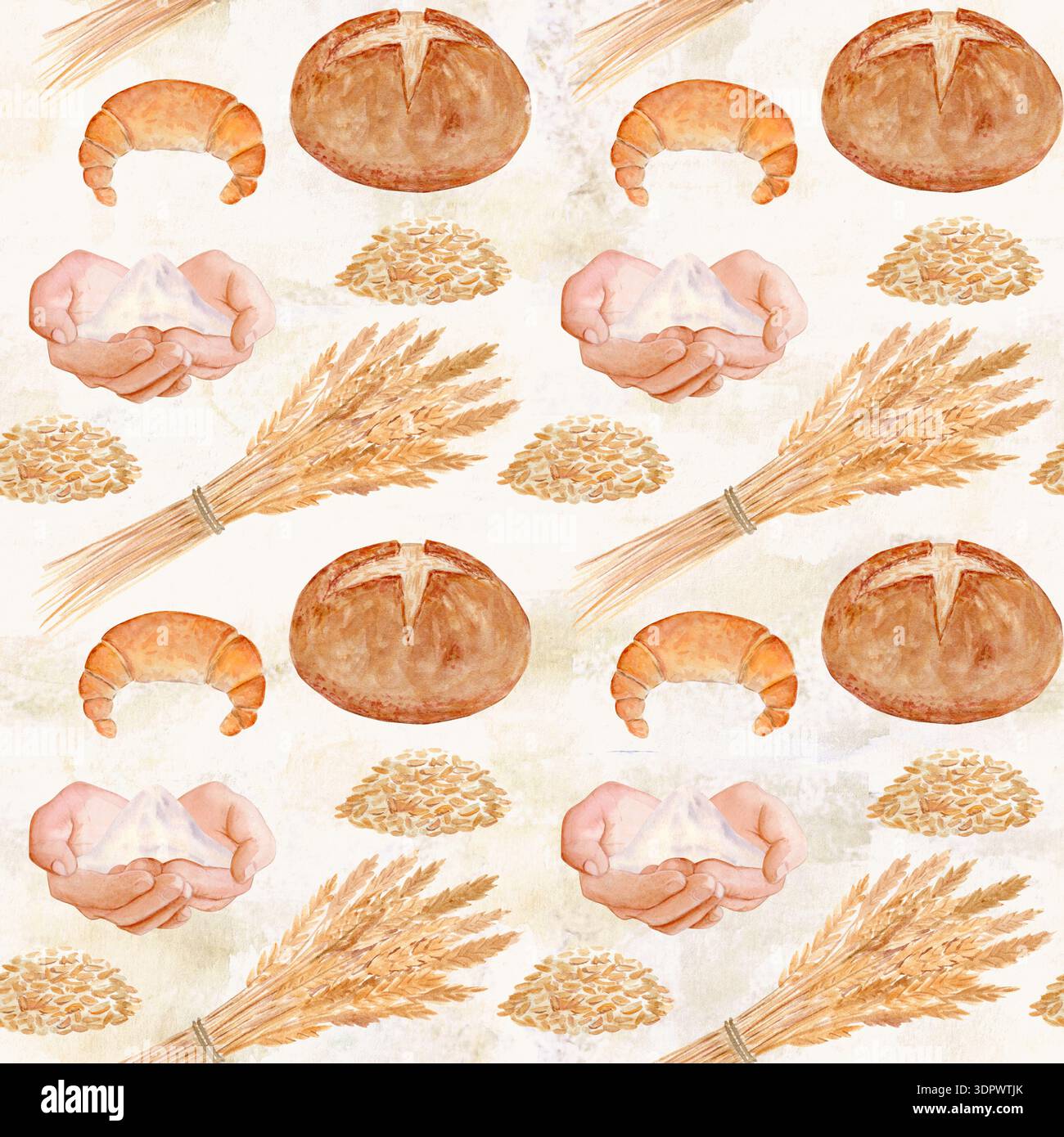Halbmondbrötchen, rundes Brot, Weizenkörner, Mehlsack. Nahtloses Aquarellmuster auf beigefarbenem Hintergrund mit perfekt für Bäckerei Verpackung, Küche Stockfoto