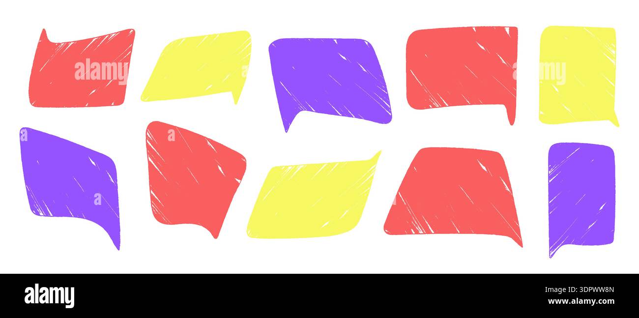 Sprachblase Textur Buntstift oder Kreide Set, handgezeichnete Textfelder Rahmen Grunge Textur, farbige Dialog Chats Stock Vektor