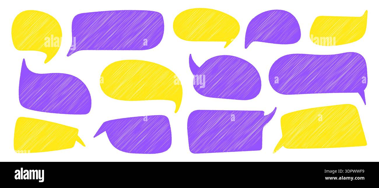 Textfelder in verschiedenen Formen kritzeln, Sprechblasen handgezeichnete Kreide, farbige Dialog-Chat-Rahmen Stock Vektor