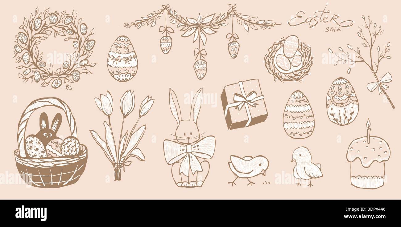 Wunderbares Vintage-Oster-Vektor-Set mit Kaninchen, Eiern, Weidenzweigen und botanischem Dekor Stock Vektor