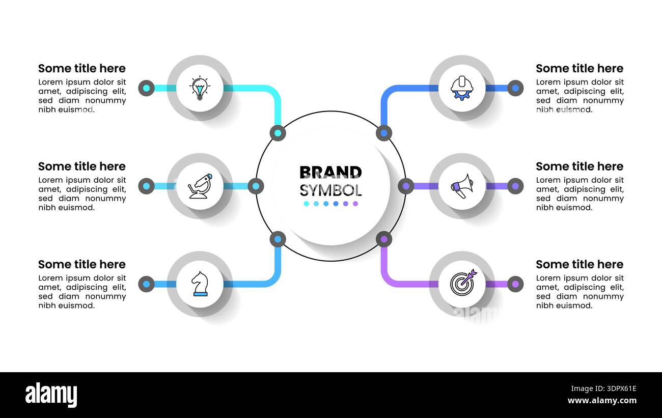 Infografik-Vorlage mit Symbolen und 6 Optionen oder Schritten. Kreis. Kann für Workflow-Layout, Diagramm, Banner, webdesign verwendet werden. Vektorgrafik Stock Vektor