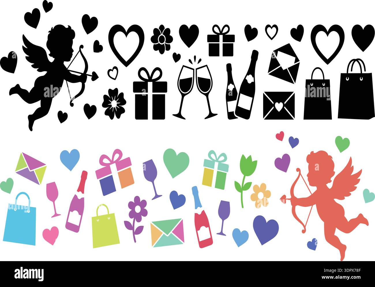 Valentinstag Cupid Silhouette mit Herzen Geschenke Weinflaschen und romantische Icons Vektor Set Stock Vektor