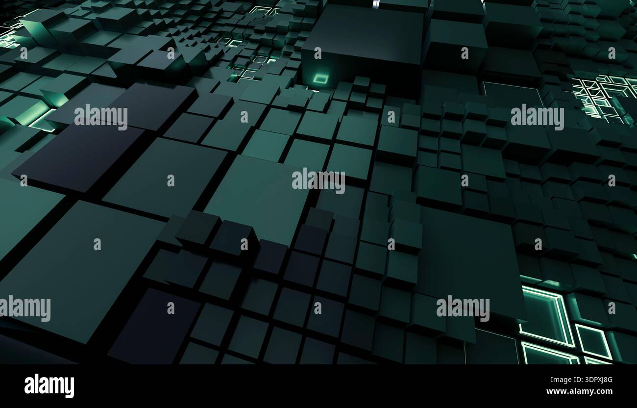 Eine fesselnde Illustration mit einer abstrakten Anordnung dunkler Würfel in einem 3D-Layout. Das geometrische Muster schafft eine futuristische und digitale Ästhetik, Stockfoto