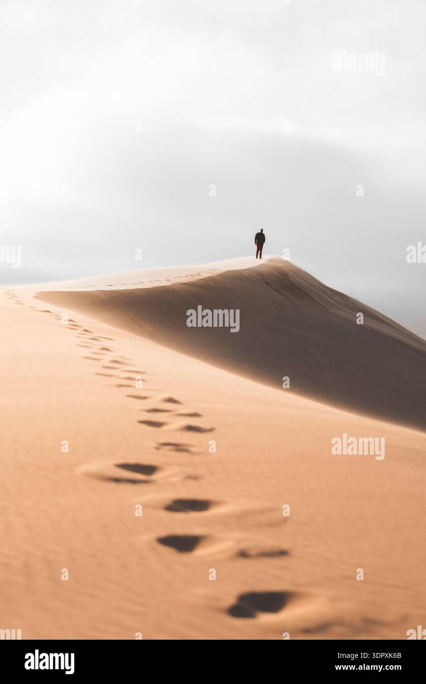 Ein Alleinreisender steht auf einer riesigen Düne in der Namib-Wüste in Namibia, nahe dem Sandwich Harbour. Fußabdrücke zeichnen die Reise durch den goldenen Sand unter Stockfoto