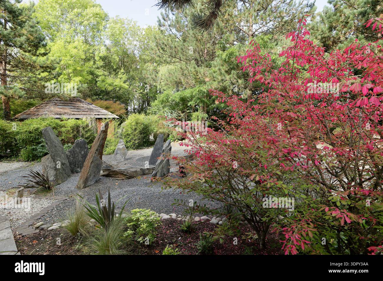 Japanischer Garten, bekannt als Momotaro Garden, in den Festival Show Gardens im Springfields Outlet Einzelhandels- und Gartenzentrum Spalding, Lincolnshire. UK Stockfoto