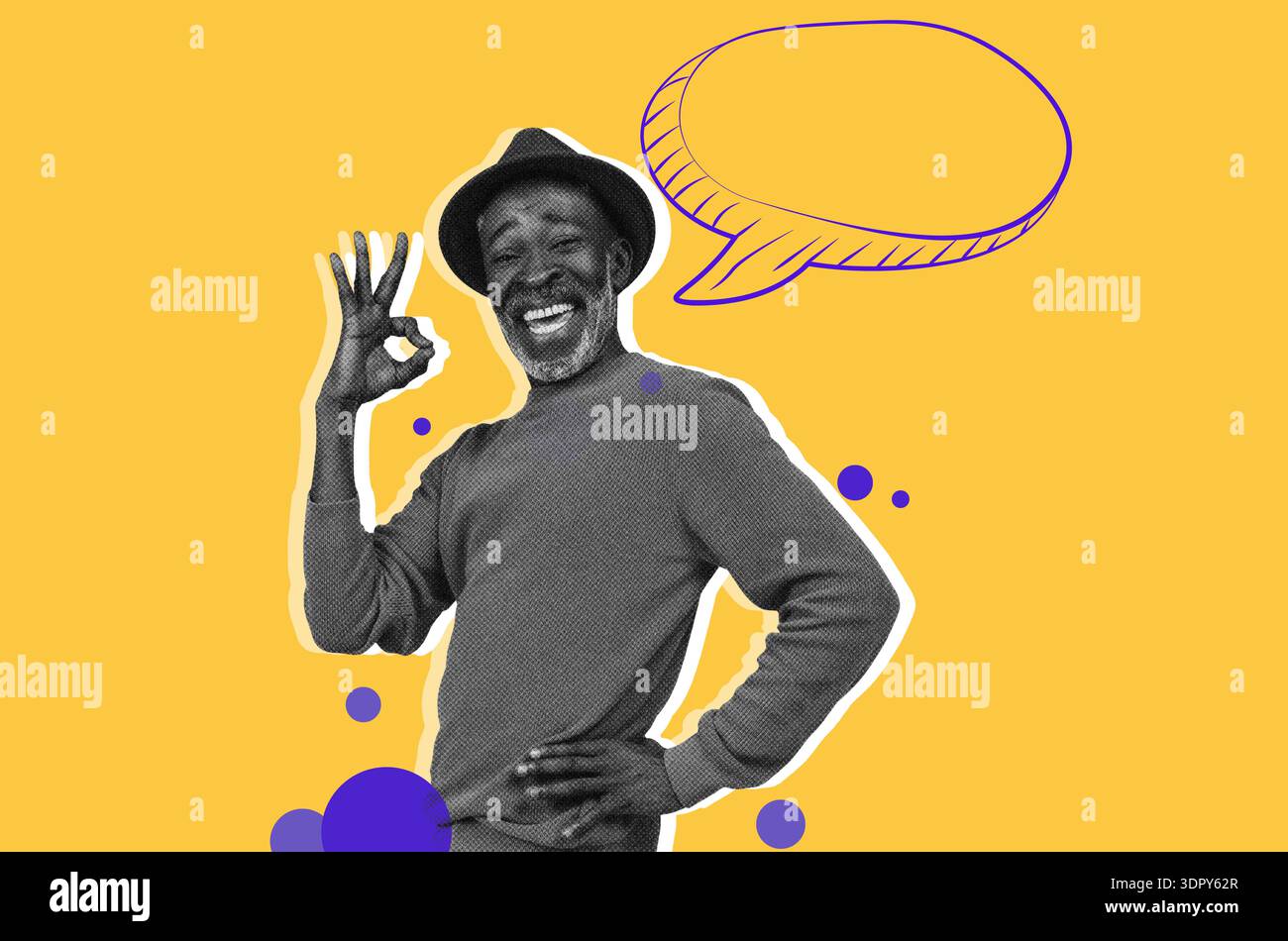 Collage eines glücklichen Mannes, der ein Handzeichen auf gelbem Hintergrund mit Cartoon Speech Bubble zeigt Stockfoto