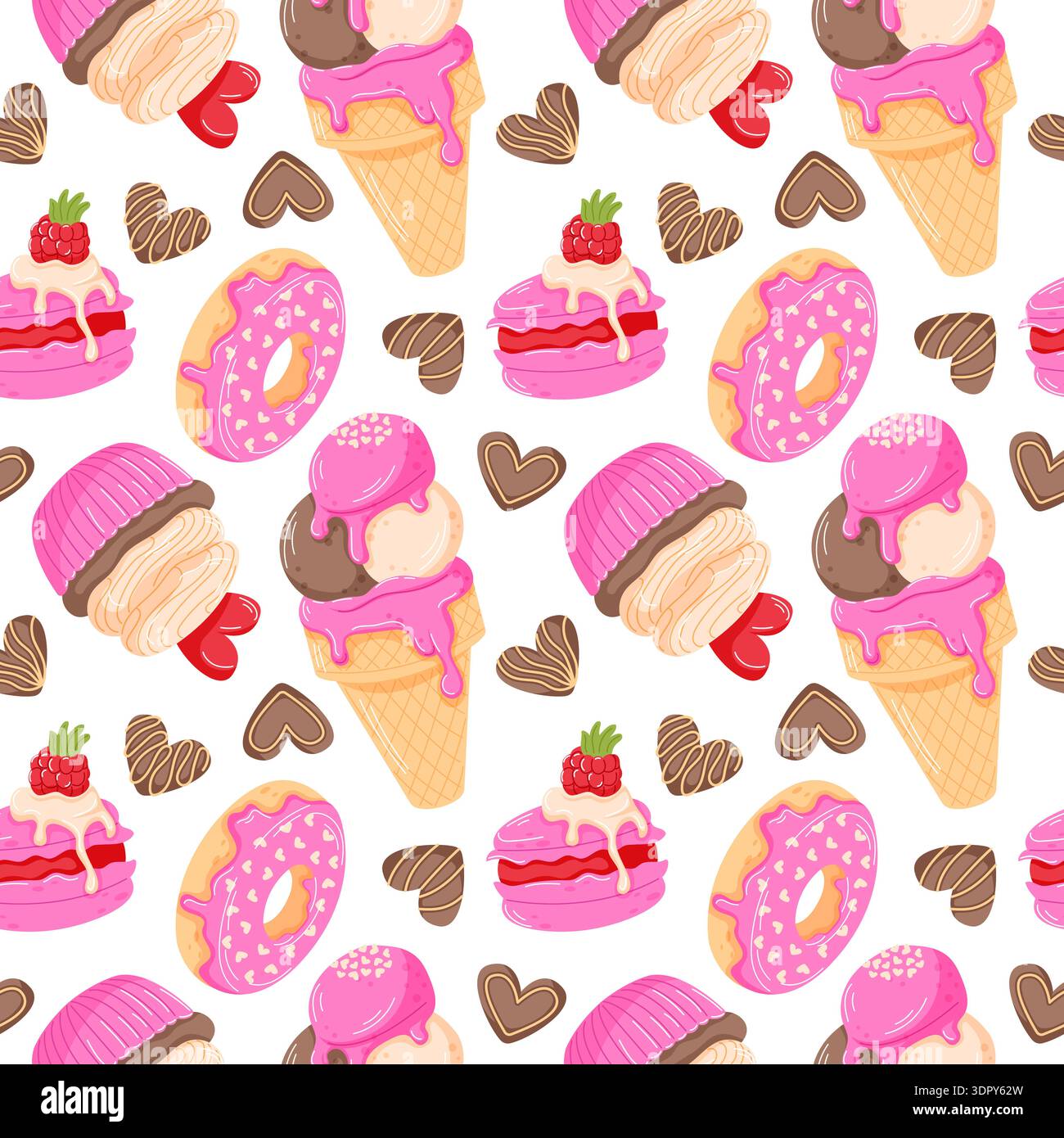 Nahtloses Dessertmuster am Valentinstag mit Eis, Donut, Macaron und Herzkeks. Niedlicher flacher Illustrationshintergrund für Tapeten, Karten Stock Vektor