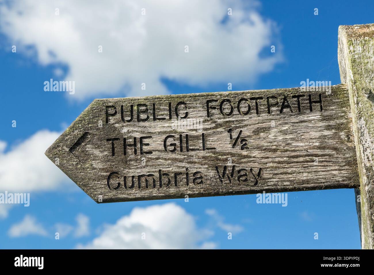 Hölzerner öffentlicher Fußweg, der auf den Gill and the Cumbria Way, Ulverston, Cumbria, England zeigt Stockfoto