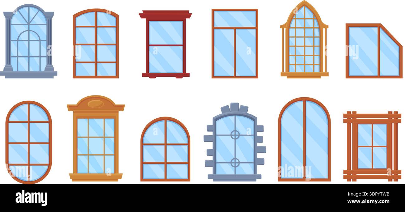 Bilderrahmen aus Holz in Zeichentrick. Fassadenverglasung für Haus, Wohngebäude, Büro. Moderne Vintage-Fenster, Plastik- und Holzarchitektur Stock Vektor