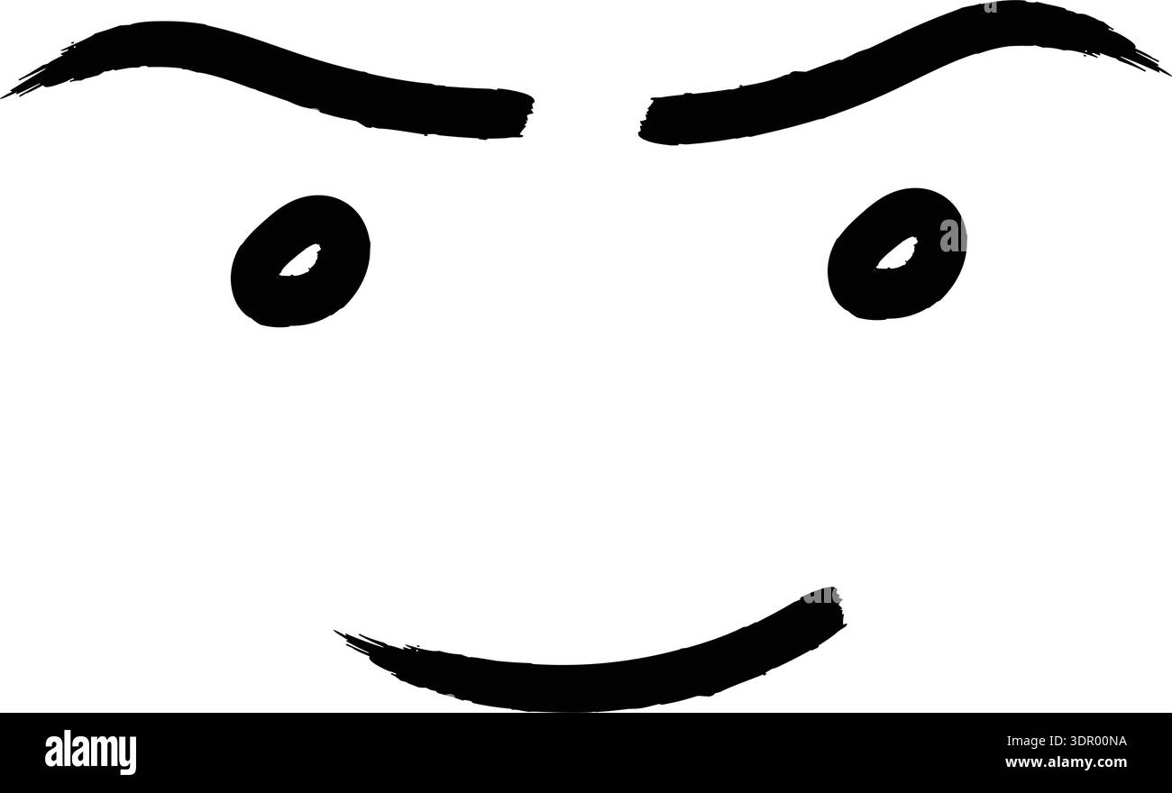 Dieses Bild zeigt eine minimalistische Darstellung eines Gesichts, das mit dicken schwarzen Pinselstrichen auf einem stark weißen Hintergrund erstellt wurde. Die Funktionen sind hoch Stock Vektor