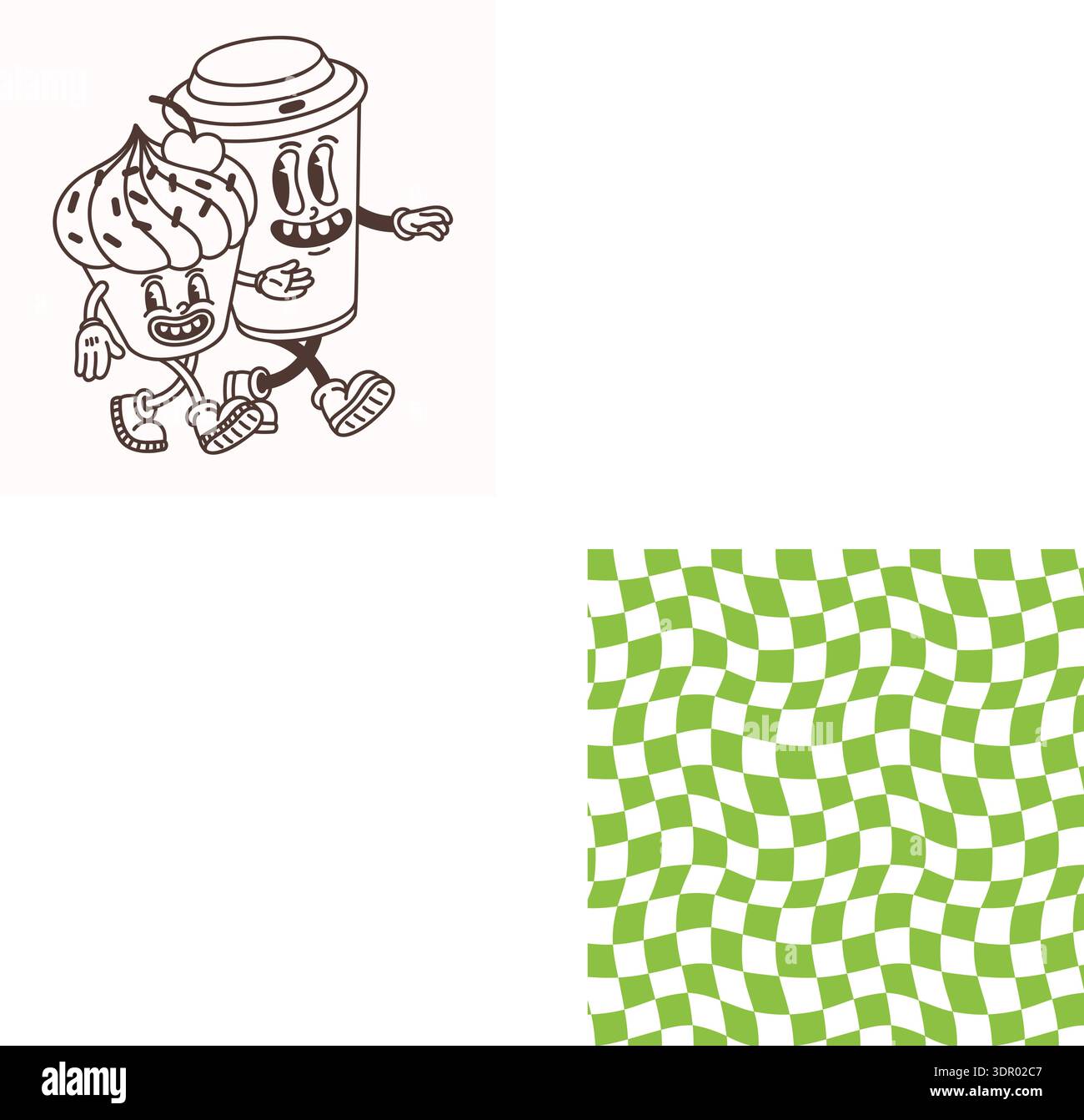 Cupcake- und Kaffeetassen-Zeichentrickfiguren im groovigen Retro-Stil mit Walking Pose. Cupcake und Coffee Line Elements Vektorillustration. Toll für Stock Vektor