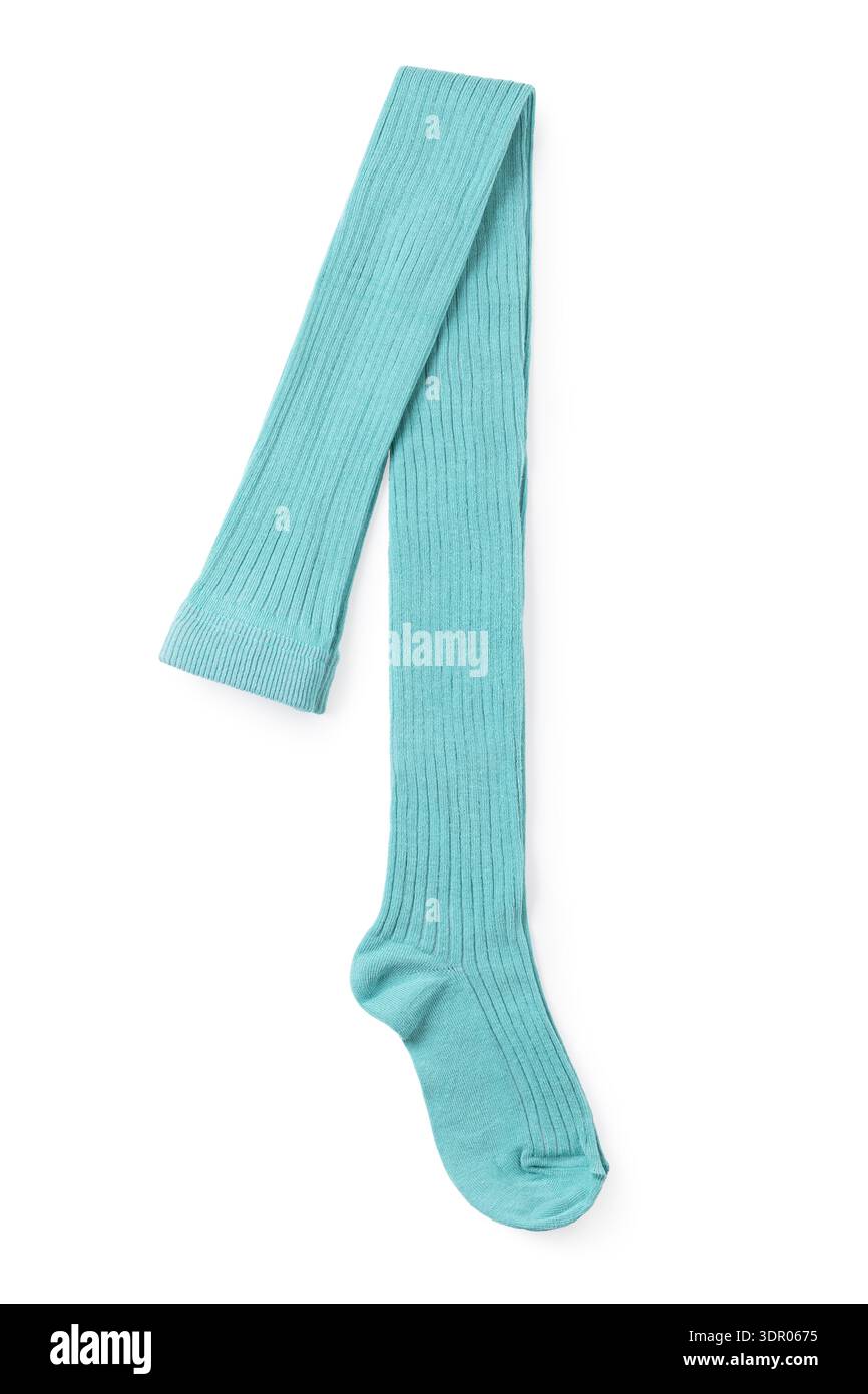 Neue gefaltete mintfarbene Kinderstrumpfhose, isoliert auf weißem Hintergrund, Draufsicht. Originalfoto, nicht von KI generiert Stockfoto