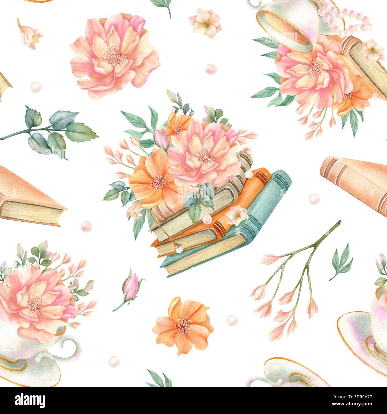 Nahtloses Vintage-Muster im Frühling. Elegante Blumen auf einem Stapel von Büchern, Pfingstrosen in der Tasse, Blumenstrauß, Freesie und alter Literaturhintergrund. Handbemalt Stockfoto
