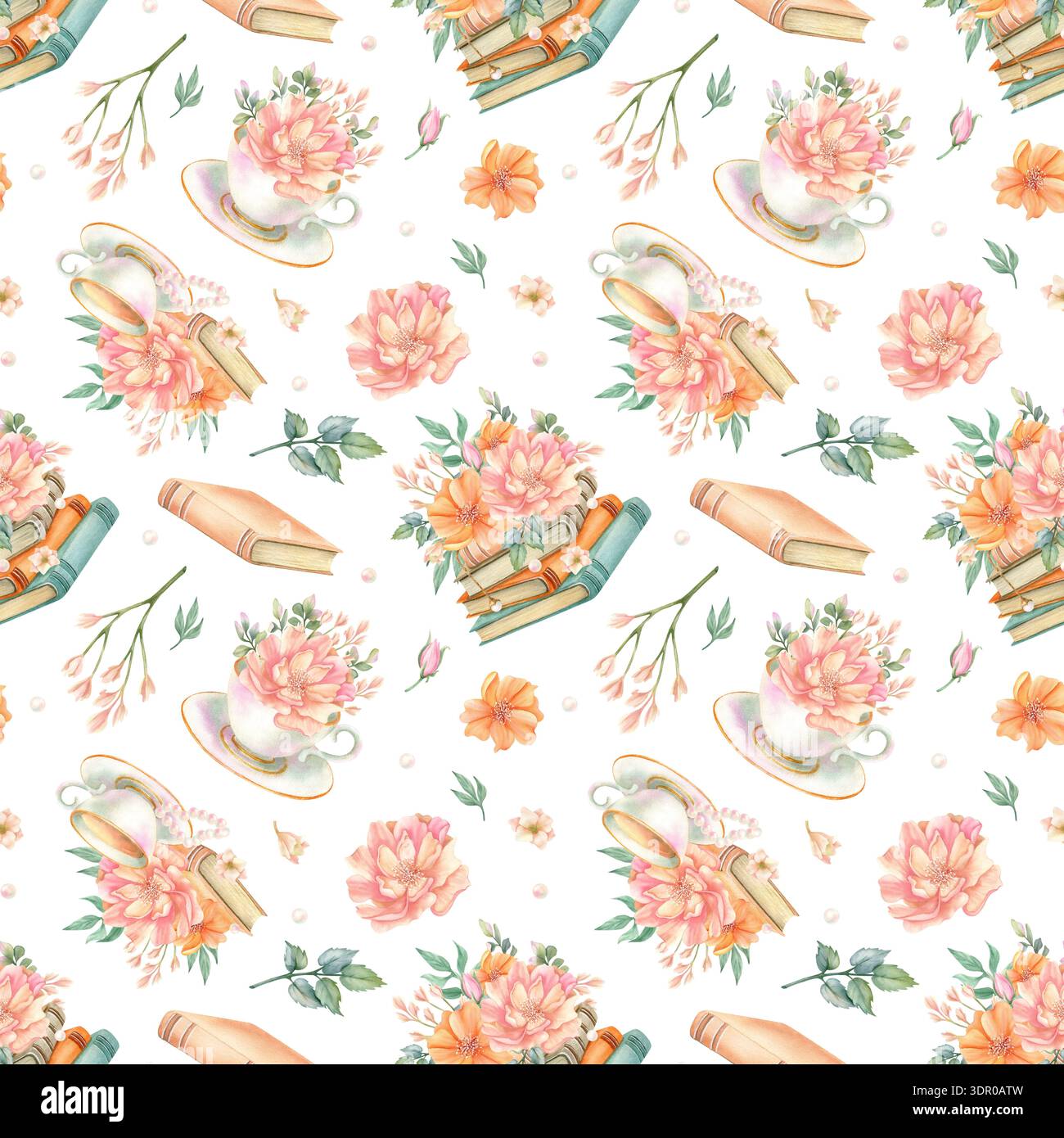 Nahtloses Vintage-Muster mit eleganten Blumen und einem Stapel Bücher. Aquarell Frühlingspfingstrosen in Tasse, Blumenstrauß, Freesie, alter Literaturhintergrund Stockfoto