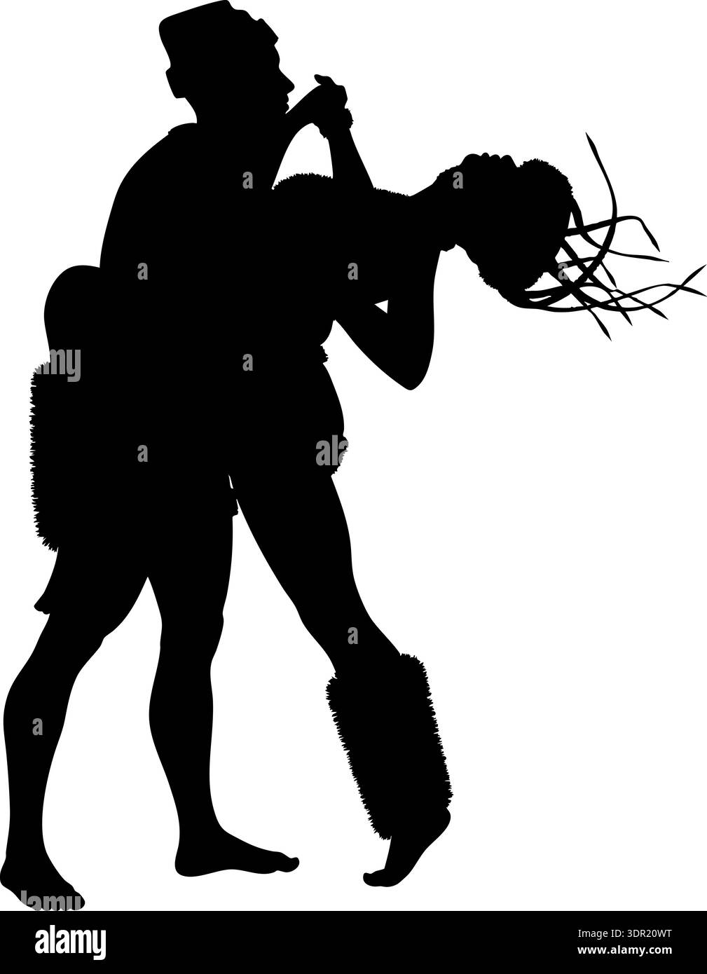 Die schwarze Silhouette zeigt einen Mann und eine Frau, die in einer dynamischen Pose vor weißem Hintergrund tanzen. Perfekt für Themen wie Rettung, Romantik oder Action in gr Stock Vektor