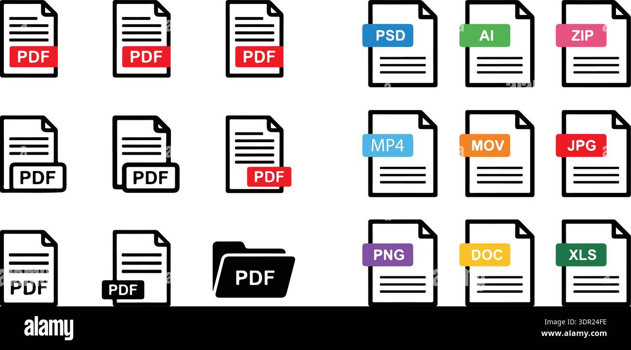 Laden Sie PDF-Dokument einfach mit diesen lebendigen Symbolen herunter, Vektorgrafik des Downloads PDF-Datei-Symbols in drei Farben, PDF-Symbol Vektor-Design-Symbol-Illustration Stock Vektor