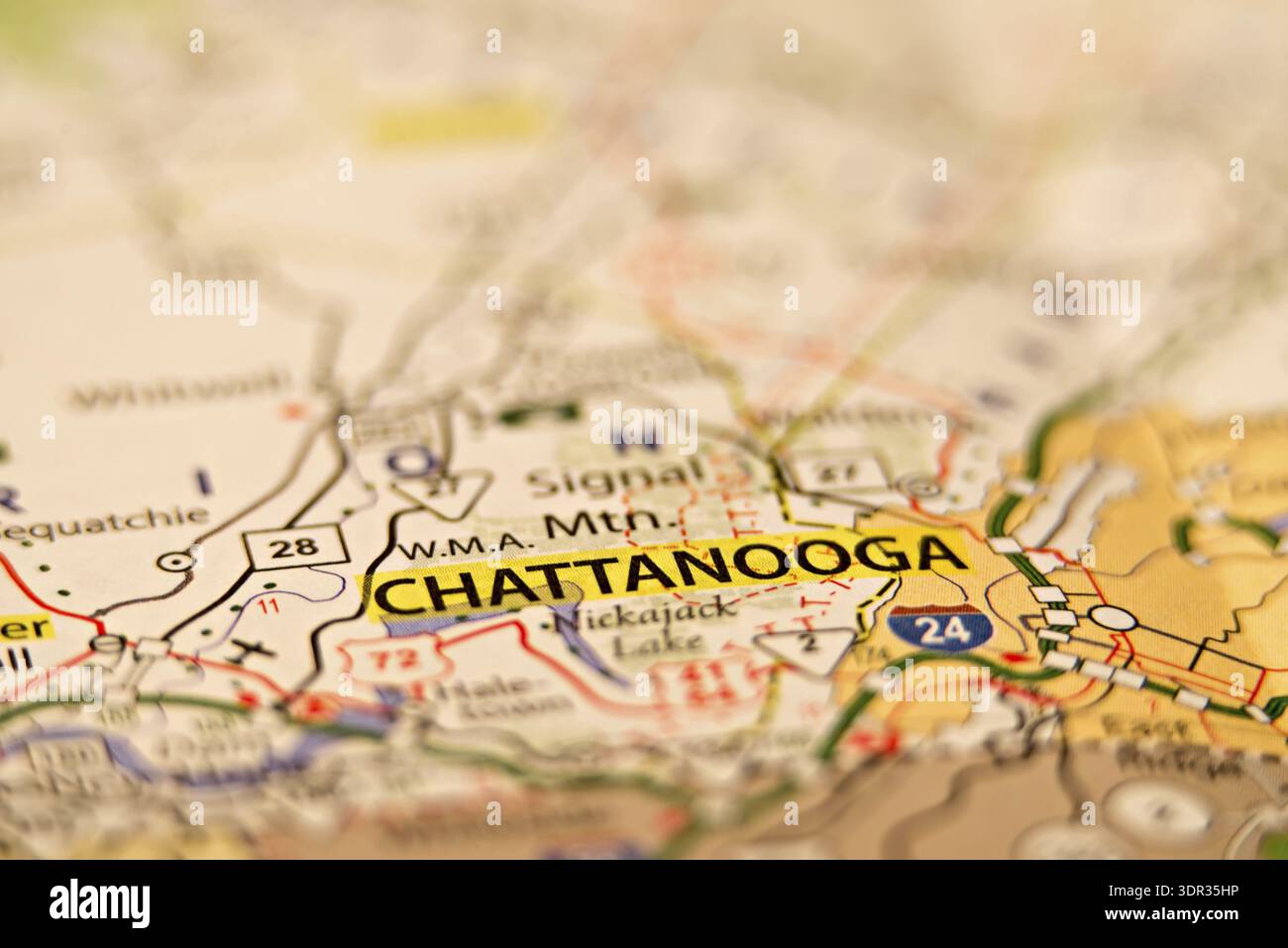 Großaufnahme von Chattanooga auf einer geographischen Karte Stockfoto