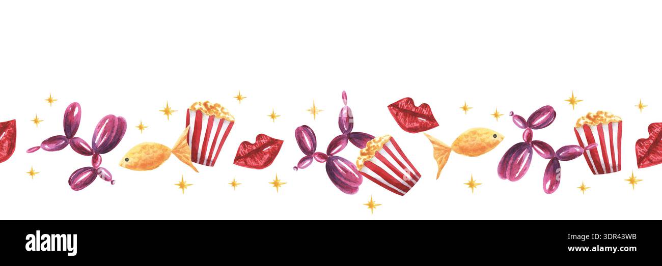 Surrealistischer nahtloser Rahmen verschiedener Objekte. Ballon in Form von Hund, Popcorn, Lippen, Fisch, Huhn. Für kreatives Design, Aufkleber, moderne Karten Stockfoto