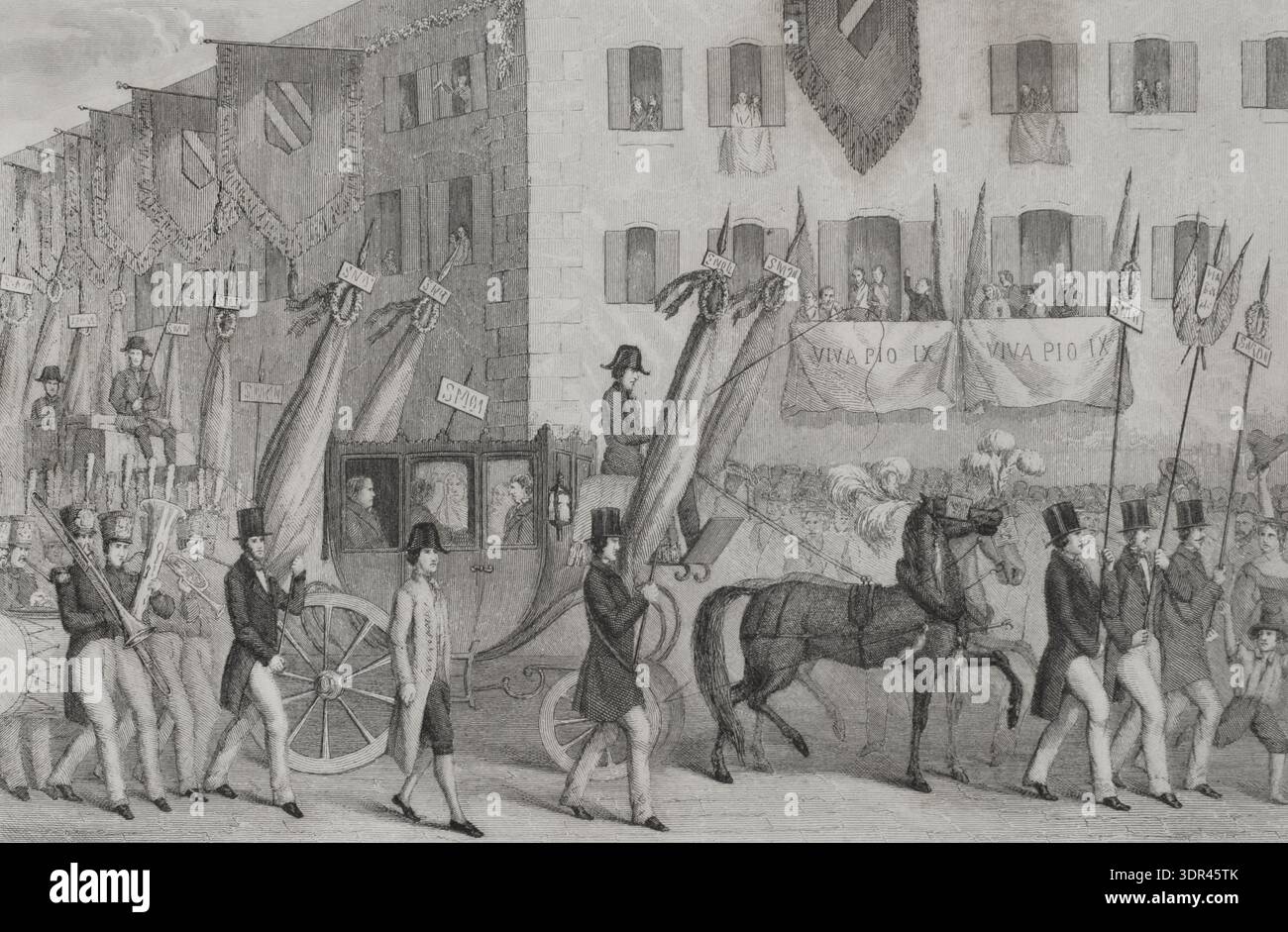 Päpstliche Staaten. Staatsrat. Einrichtung des Rates in Rom, 1847. Ein am 14. Oktober 1847 eingesetztes Wahlberatungsgremium. Ihr Hauptziel war es, den Papst in administrativen und politischen Fragen zu beraten. Er bestand aus einem Kardinalpräsidenten und einem Prälaten-Vizepräsidenten, die vom Papst ernannt wurden, und 24 Räten, die für fünf Jahre aus einer Liste von drei Räten gewählt wurden, die von den Kommunal- und Provinzräten vorgeschlagen wurden (ausgewählt aus Grundbesitzern und Fachleuten, ausgenommen Beamte). Es war eine der Verwaltungsreformen, die Papst Pius IX. Zu Beginn seines Pontifikats mit Th Stockfoto