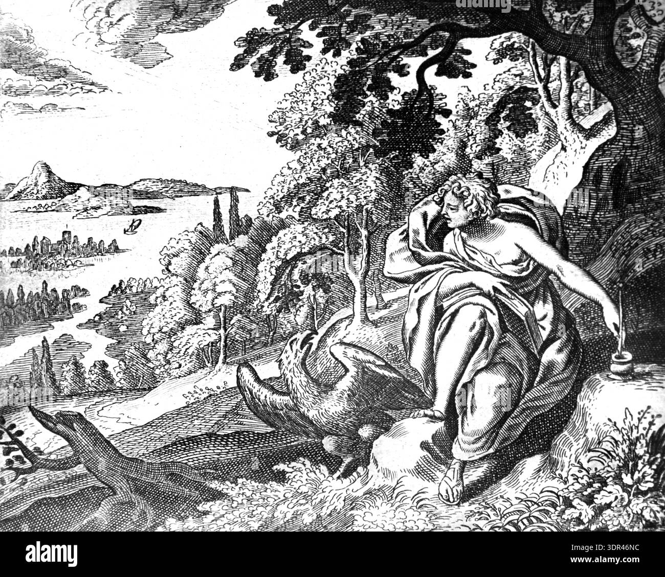 Der heilige Johannes der Täufer mit dem Adler oder dem Greifvogel, der über das alte Israel wacht. Vintage, historische oder historische Illustration oder Holzstich aus der französischen Bibel 1687. Stockfoto
