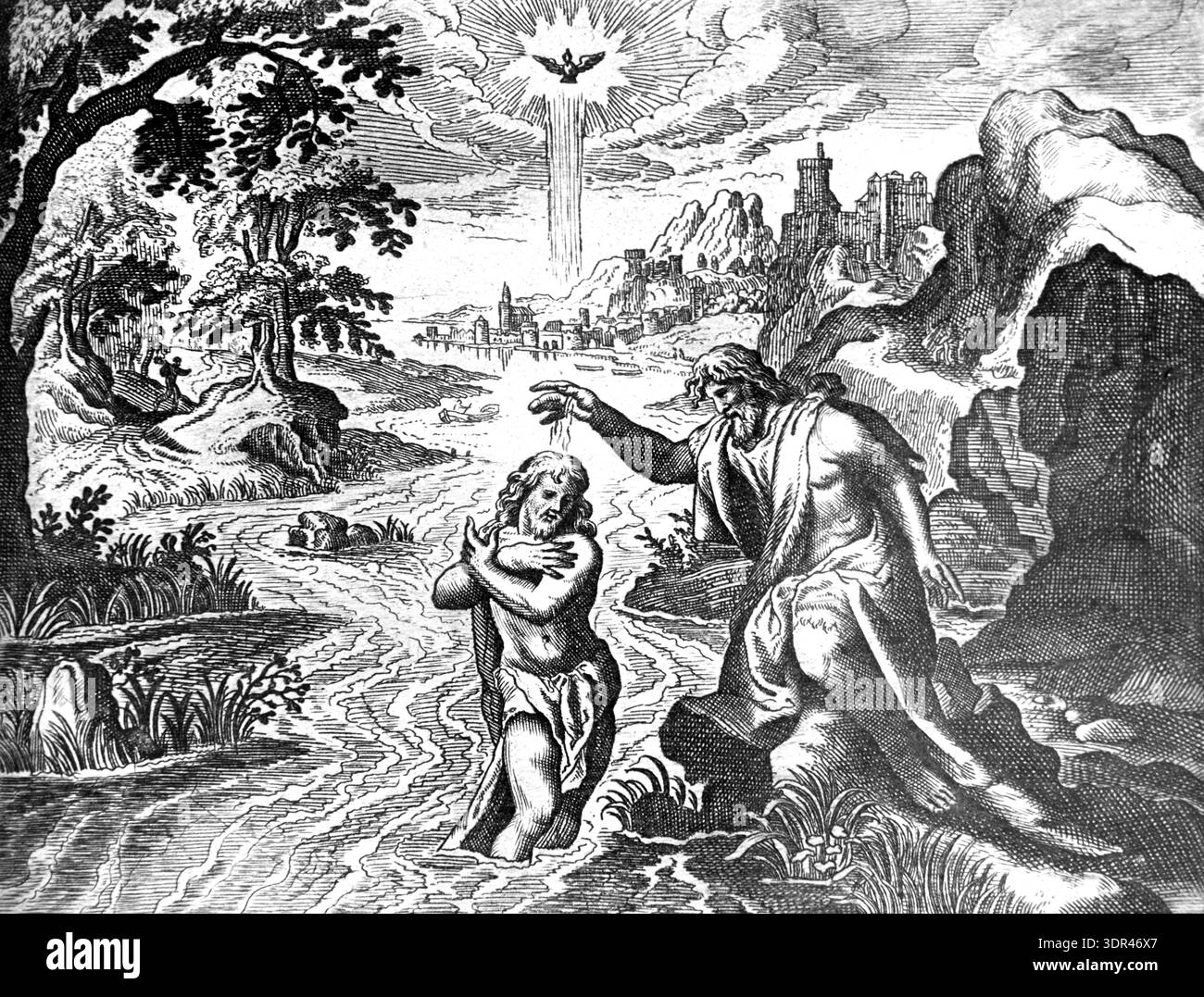 Taufe Christi oder Jesus Christus getauft von Johannes dem Täufer im Jordan bei Al-Maghtas, heute in Jordanien. Vintage, historische oder historische Illustration oder Holzstich aus der französischen Bibel 1687. Stockfoto