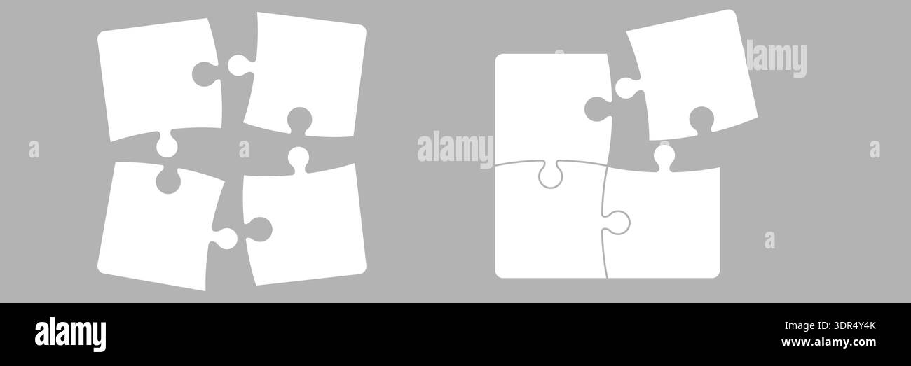 Set aus zwei kleinen Puzzle-Puzzles mit vier Teilen, die jeweils teilweise miteinander verbunden sind, klar-weiß-Umrissdesign, das das Problem der Teamarbeit symbolisiert Stock Vektor