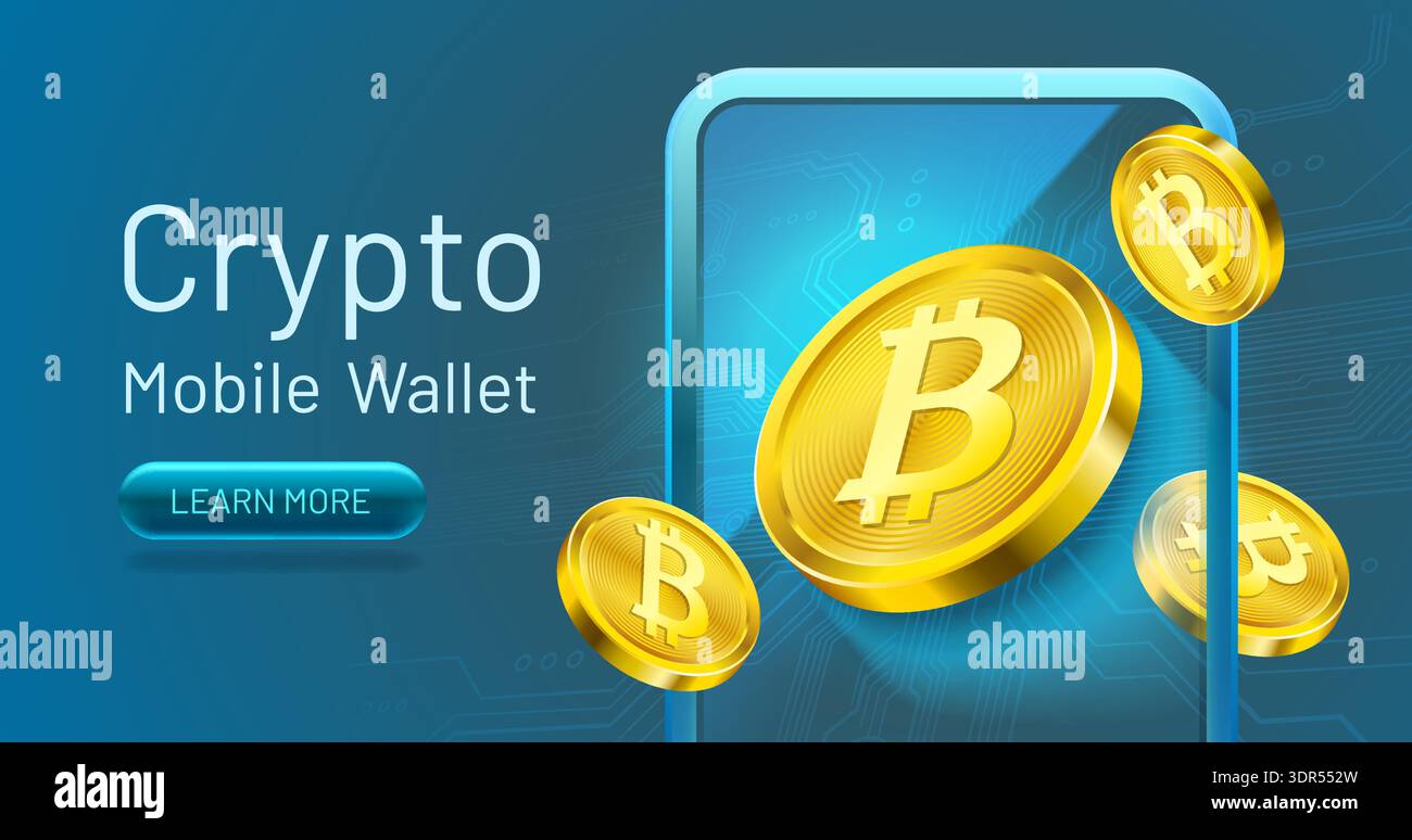 Kryptowährung Mobile Wallet-Konzept mit fliegenden goldenen Bitcoins, einem Smartphone und einem Schaltkreis-Hintergrund. Vektorabbildung. Stock Vektor