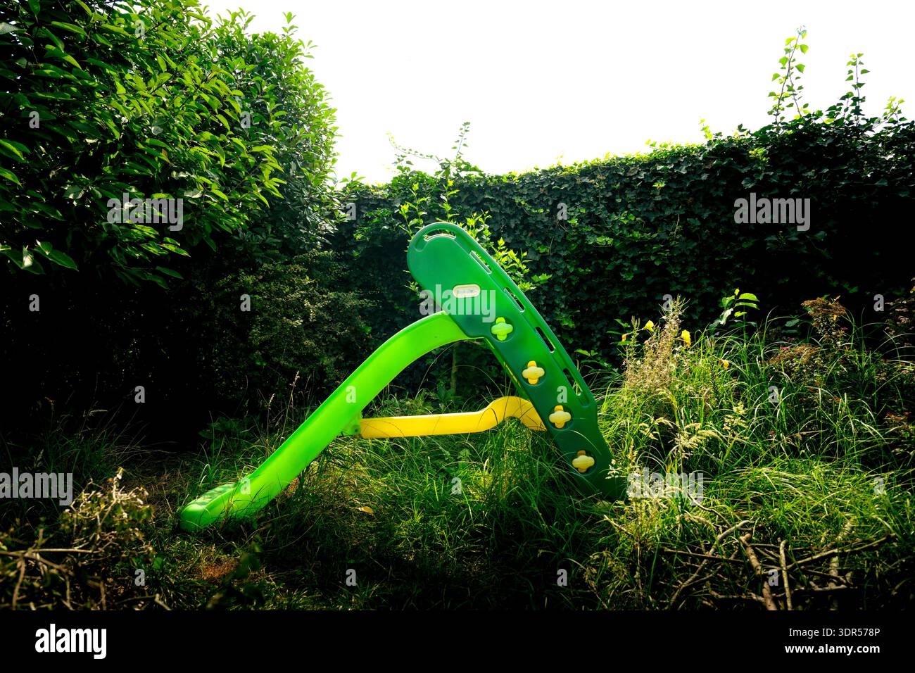 Eine hellgrüne und gelbe Plastikrutsche für Kleinkinder liegt verlassen in einem bewachsenen Garten, umgeben von langem Gras und einer hohen Efeeuhecke. Stockfoto