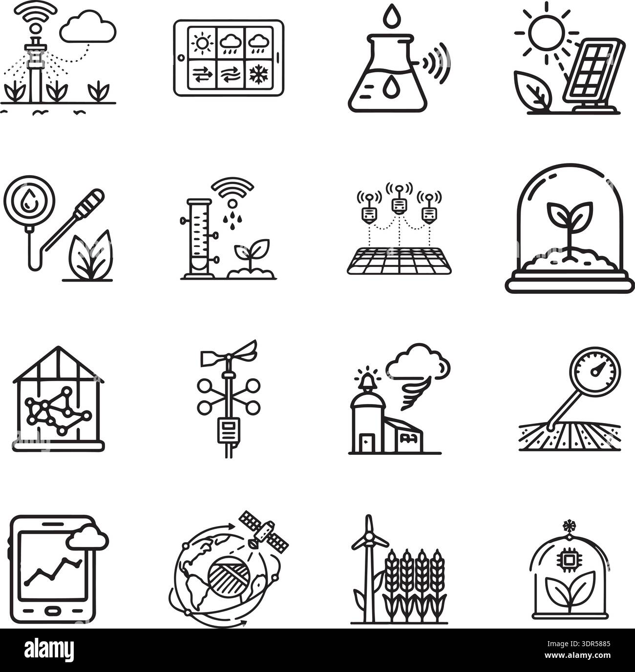 Smart Weather Farming & Climate Data Symbolsatz. Satellitenwetterintegration, Windsensoren und Solar Agriculture Bold Line Vector Icons Stock Vektor