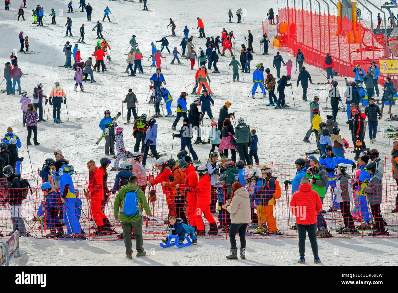 Überfüllte Skigebiete für Anfänger. Stockfoto